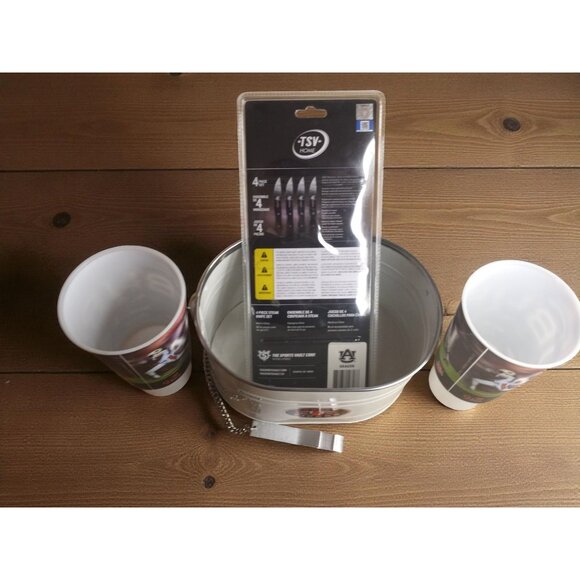 Auburn Football 7-Piece Fan Set – Metal Drink Bucket, 2 Cups & 4 NEW Steak Knive - Picture 5 of 16